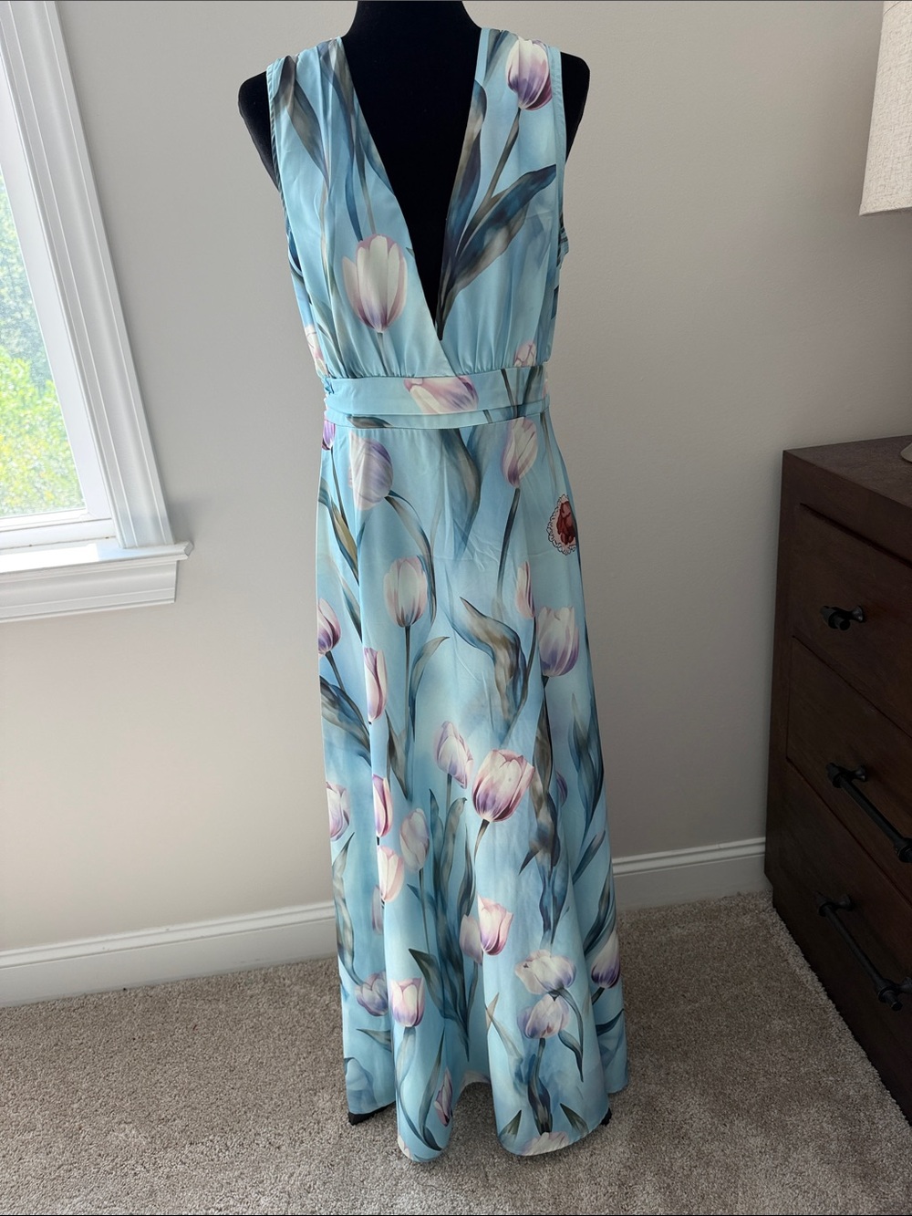 Light Blue Floral V-Neck Maxi Dress